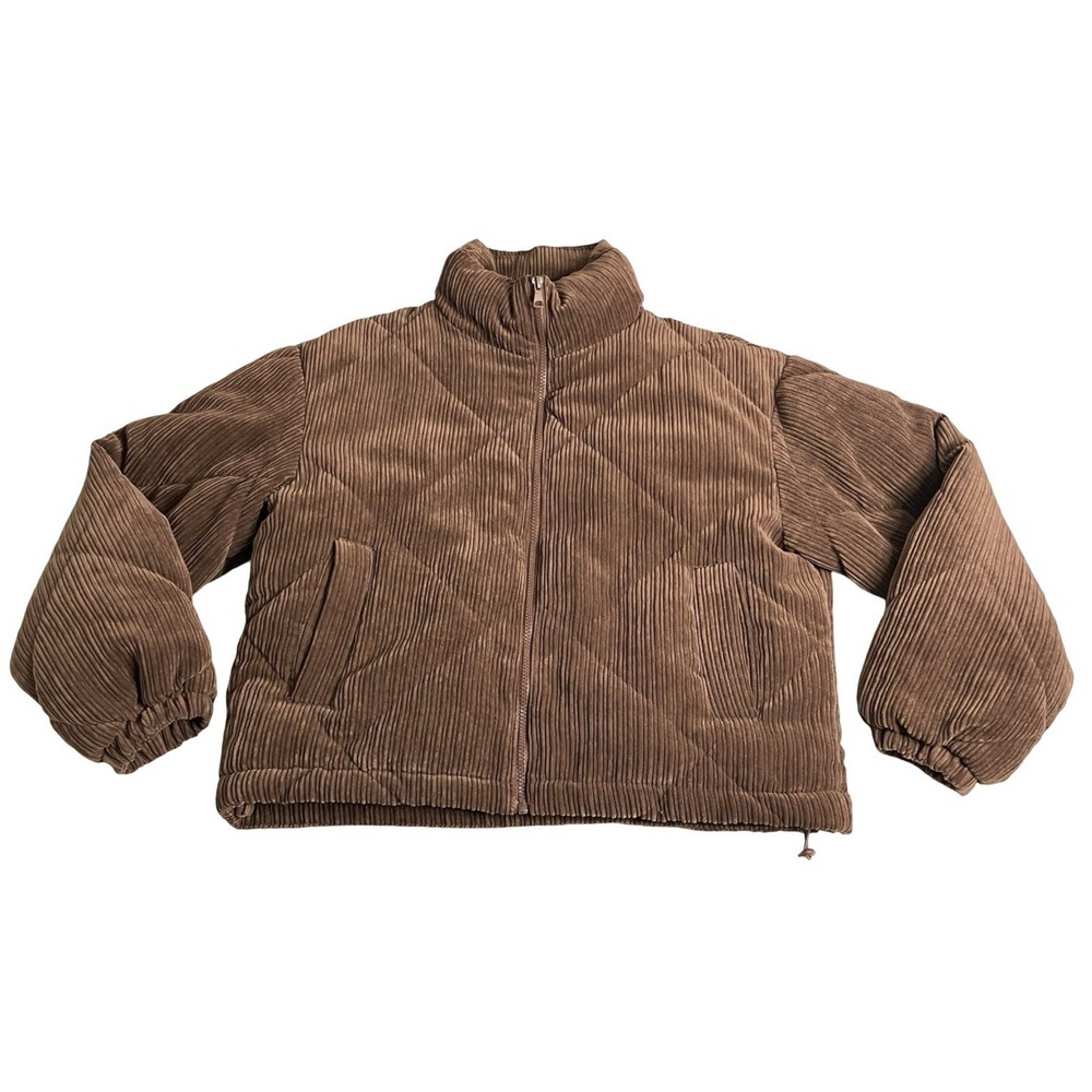 Love Tree Corduroy Quilted Puffer Jacket Womens Medium Brown Zip Snap Cinch Hem